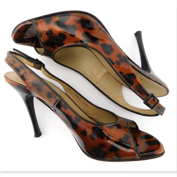 STUART WEITZMAN Leopard Patent Leather Open Toe Sling Heel Sandal Pumps 8.5 - Picture 5 of 8